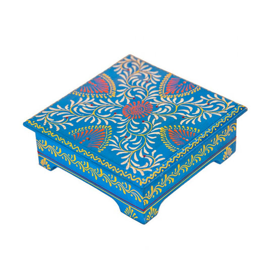 Hand Painted Cone Artwork Wooden Chowki / Bajot / Patla - Blue (Floral Leaf Design) 8 X 8 Inches