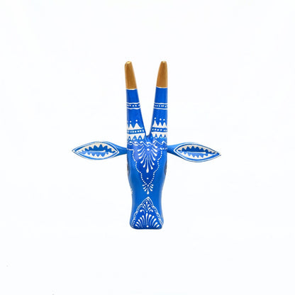 Hand Painted Wooden Cow Face In Blue