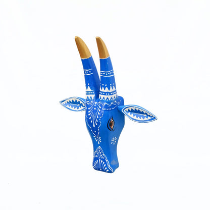 Hand Painted Wooden Cow Face In Blue