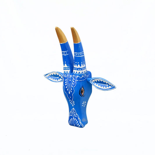 Hand Painted Wooden Cow Face In Blue