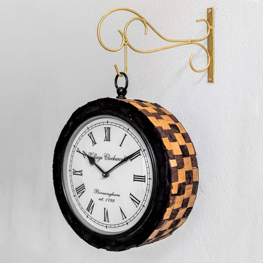 Railway Clock Chequered Sleeper Wood Dia 12 Inch