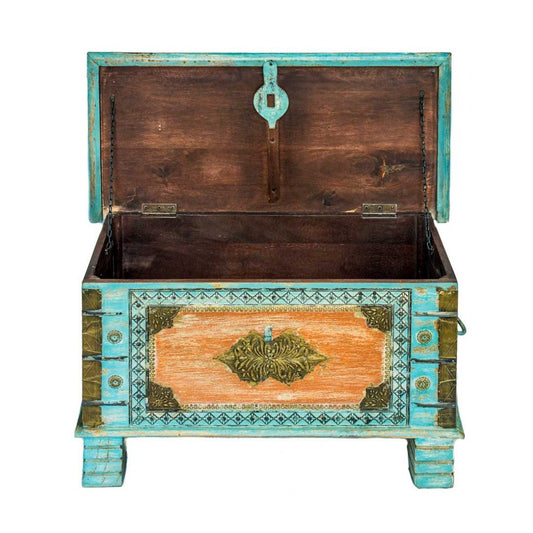 Distressed Finish Turquoise Shade Wooden Trunk/Pitara Box with Brass Work