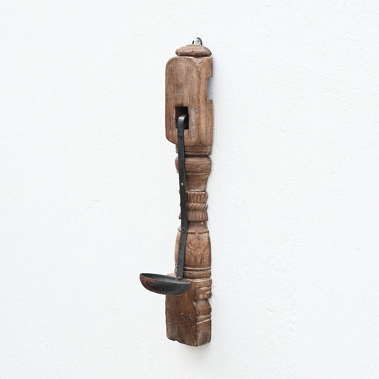 Vintage Wooden Carved Wall Candle With Iron Holder