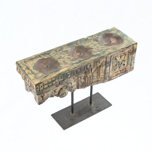 Vintage Wooden Floral Carved Candle Holder With A Stand