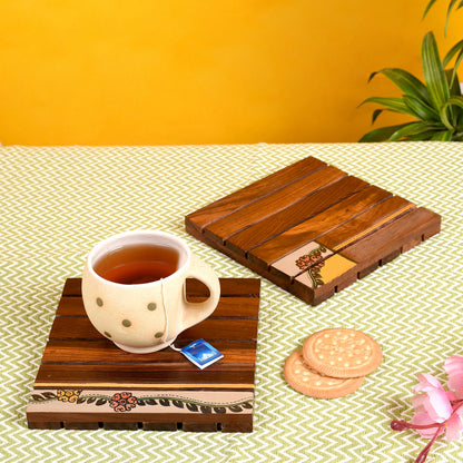 Udaipur Handicrafts Wooden Handcrafted Flower Art Coaster