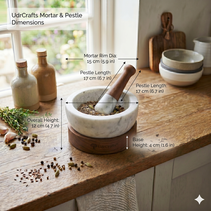 UdrCrafts® Premium Marble and Wood Mortar and Pestle Set - 6 Inch (15cm) Heavy Duty Stone Spice Grinder & Herb Crusher with Non-Slip Wooden Base & Ergonomic Handle - Perfect for Guacamole, Pesto & Spices
