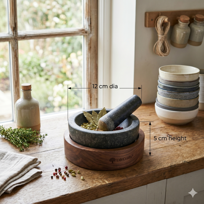 UdrCrafts® Premium Granite Mortar and Pestle Set with Wooden Base - Natural Stone Spice Grinder & Herb Crusher (12cm x 5cm)