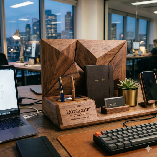 UdrCrafts® Executive Wood Desk Organizer - Modern Geometric Pen Holder & Desktop Storage Display for Professionals - All-in-One Office Desk Setup