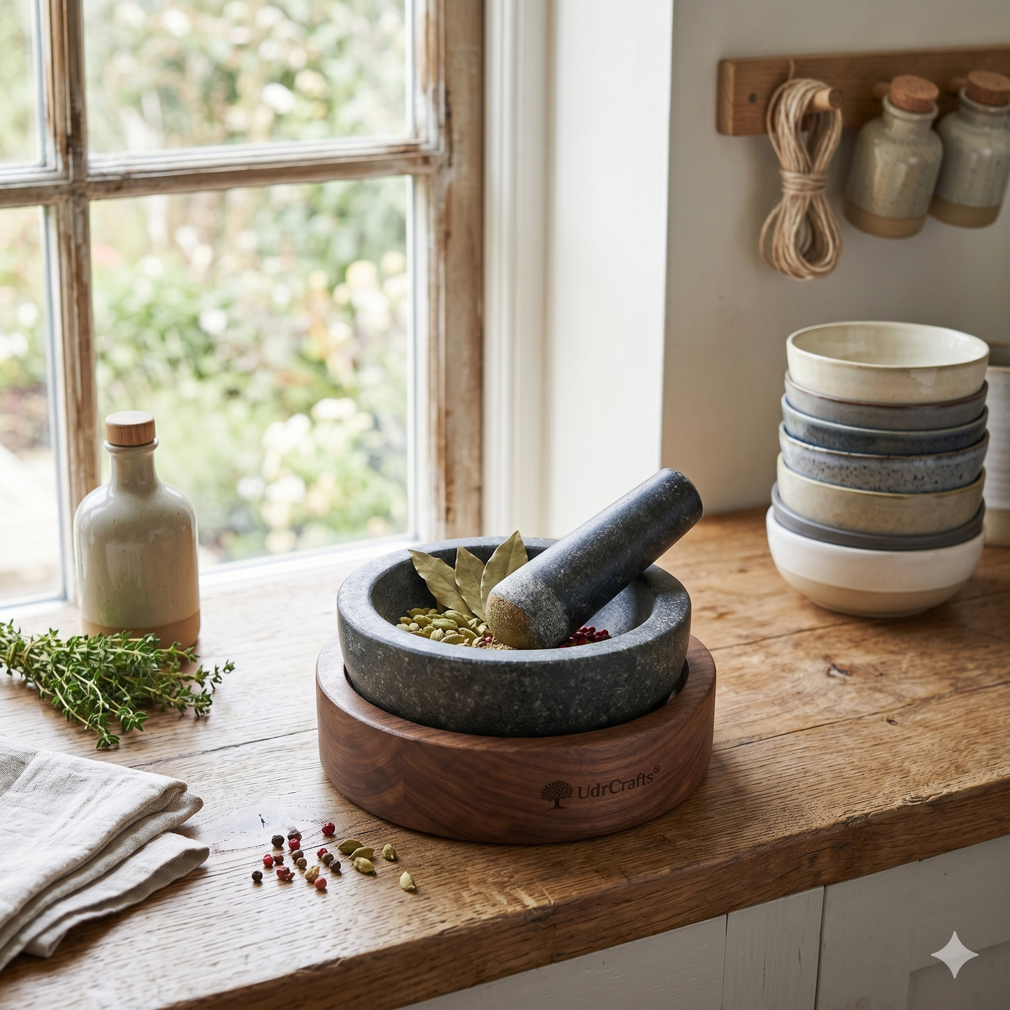 UdrCrafts® Premium Granite Mortar and Pestle Set with Wooden Base - Natural Stone Spice Grinder & Herb Crusher (12cm x 5cm)