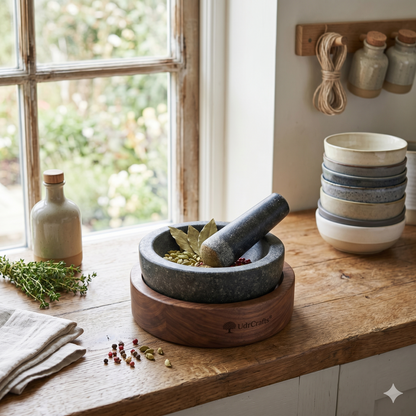 UdrCrafts® Premium Granite Mortar and Pestle Set with Wooden Base - Natural Stone Spice Grinder & Herb Crusher (12cm x 5cm)