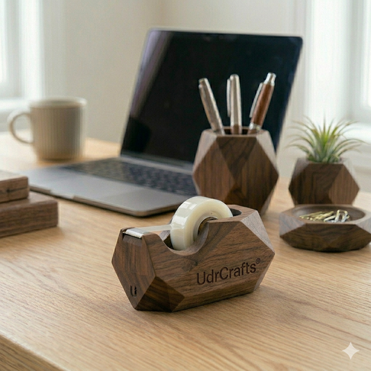 UdrCrafts® Premium Geometric Wooden Tape Dispenser - Modern Walnut Wood Desktop Tape Holder & Office Supply - Elegant Multifaceted Desk Accessories & Stationery Decor Gift