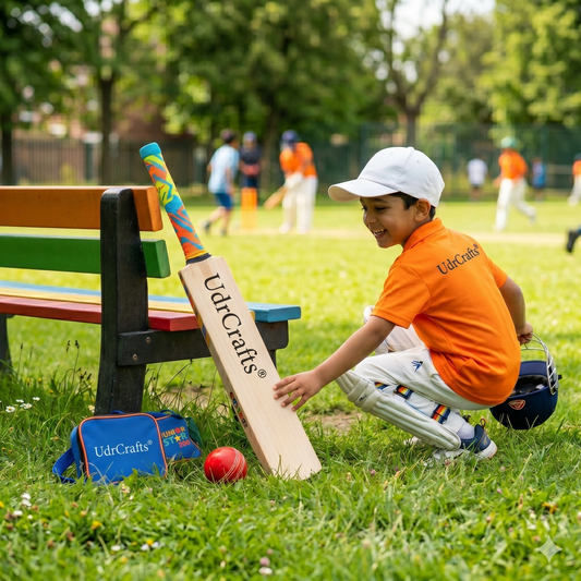 UdrCrafts® Junior Wooden Cricket Bat Set for Kids – Lightweight Beginner Bat with Colorful Grip, Soft Training Ball, and Carrying Bag