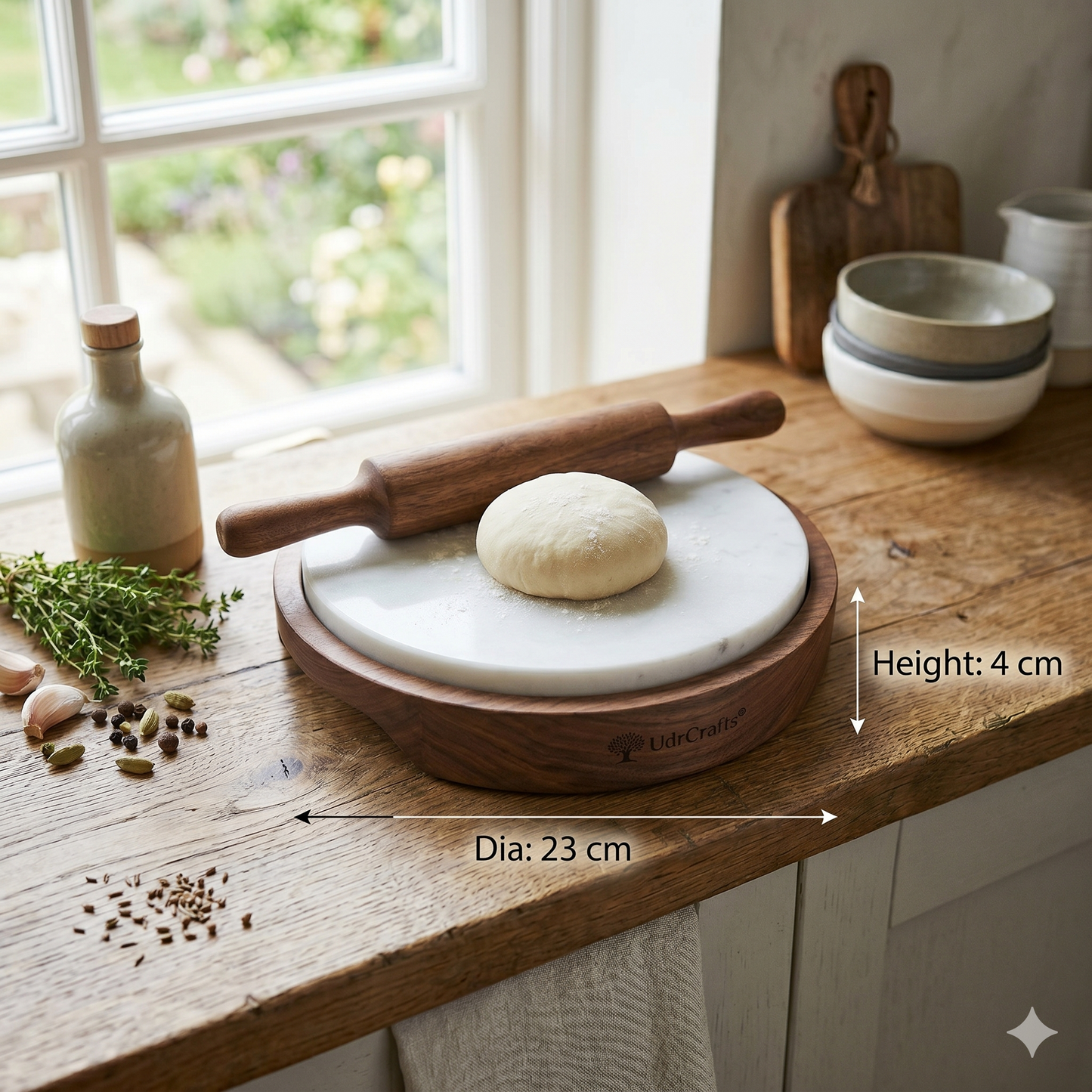 UdrCrafts® Premium Marble Chakla Belan Set with Wooden Base - 23cm Natural Stone Rolling Board & Wooden Pin for Roti, Chapati & Pastry
