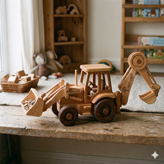 UdrCrafts® Premium Wooden Backhoe Loader Toy - Eco-Friendly Construction Excavator & Tractor for Kids, Montessori Earthmover (30 x 10 x 15 cm)