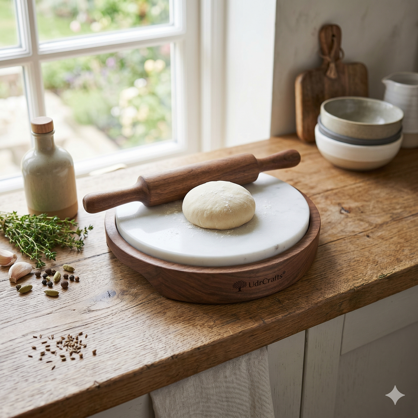UdrCrafts® Premium Marble Chakla Belan Set with Wooden Base - 23cm Natural Stone Rolling Board & Wooden Pin for Roti, Chapati & Pastry
