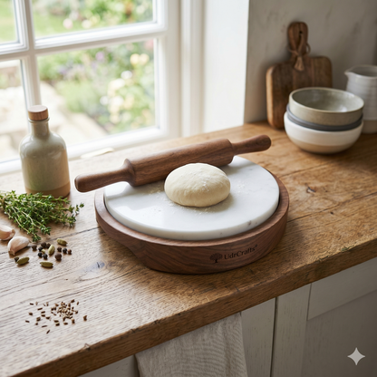UdrCrafts® Premium Marble Chakla Belan Set with Wooden Base - 23cm Natural Stone Rolling Board & Wooden Pin for Roti, Chapati & Pastry