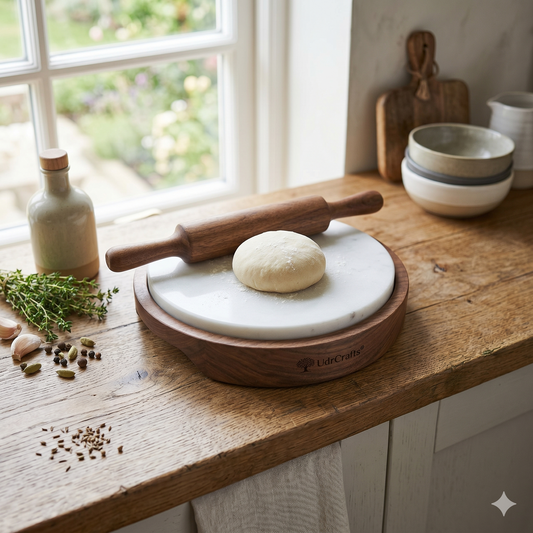 UdrCrafts® Premium Marble Chakla Belan Set with Wooden Base - 23cm Natural Stone Rolling Board & Wooden Pin for Roti, Chapati & Pastry