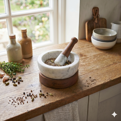 UdrCrafts® Premium Marble and Wood Mortar and Pestle Set - 6 Inch (15cm) Heavy Duty Stone Spice Grinder & Herb Crusher with Non-Slip Wooden Base & Ergonomic Handle - Perfect for Guacamole, Pesto & Spices
