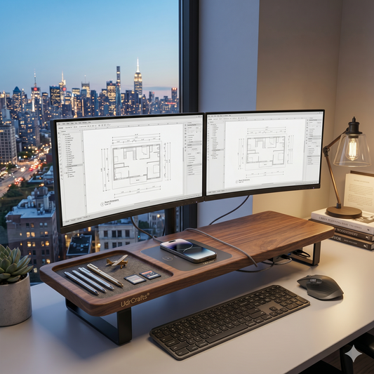 UdrCrafts® Solid Walnut Wood Monitor Stand Riser with Wireless Charging - Premium Dual Monitor Desk Shelf with Organizer Tray & Metal Legs for Office Workspace
