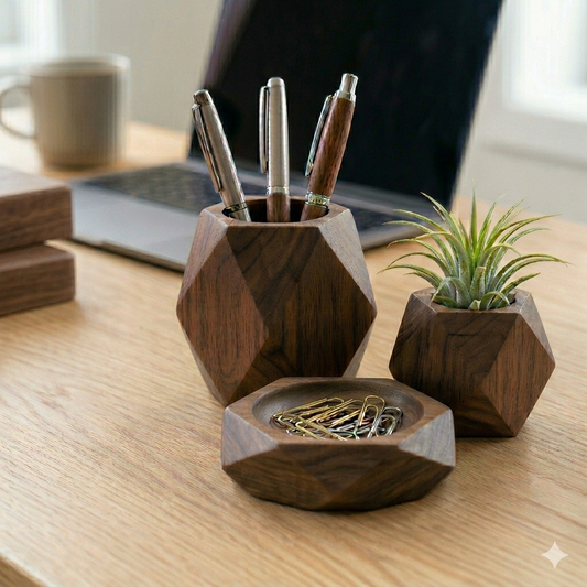 UdrCrafts® Premium Wooden Desk Organizer Set - 3-Piece Geometric Pen Holder, Paperclip Tray & Mini Plant Pot - Modern Walnut Wood Office Desk Accessories & Decor Gift Set