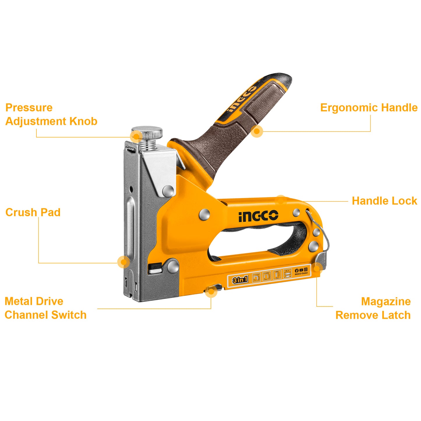 INGCO Stapler, 3 in 1 Nail Gun with 600 Staples, for Wood, Furniture
