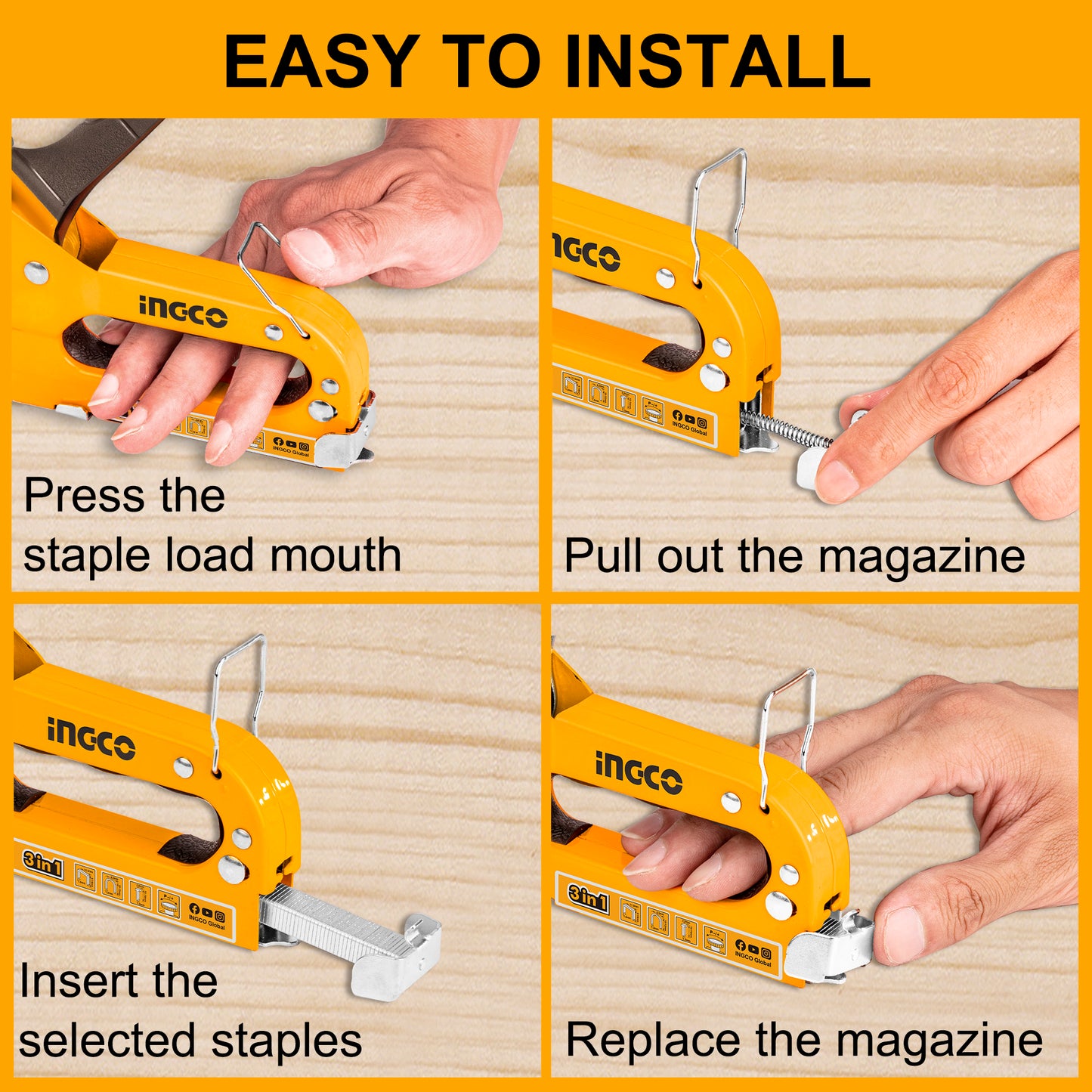 INGCO Stapler, 3 in 1 Nail Gun with 600 Staples, for Wood, Furniture