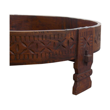 Antique Polished Round Wooden Base of Hand Operated Atta Chakki/Ghatti 32 Inches