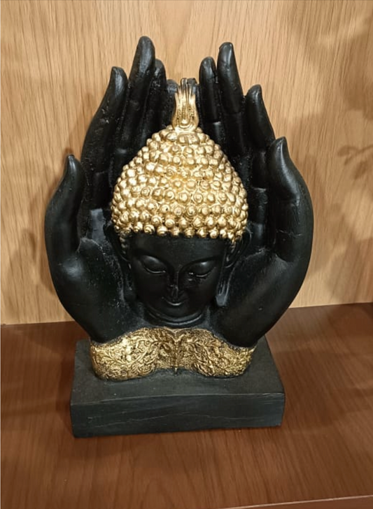 Beautiful Matte Black buddha face in hands statue (small)
