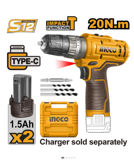 INGCO 12V Cordless Impact Drill with 2 PCS Battery, Dril bits, 20NM | 1500 RPM | 22500 BPM | 0.8-10mm | 18+1+1 Torque CIDLI12202