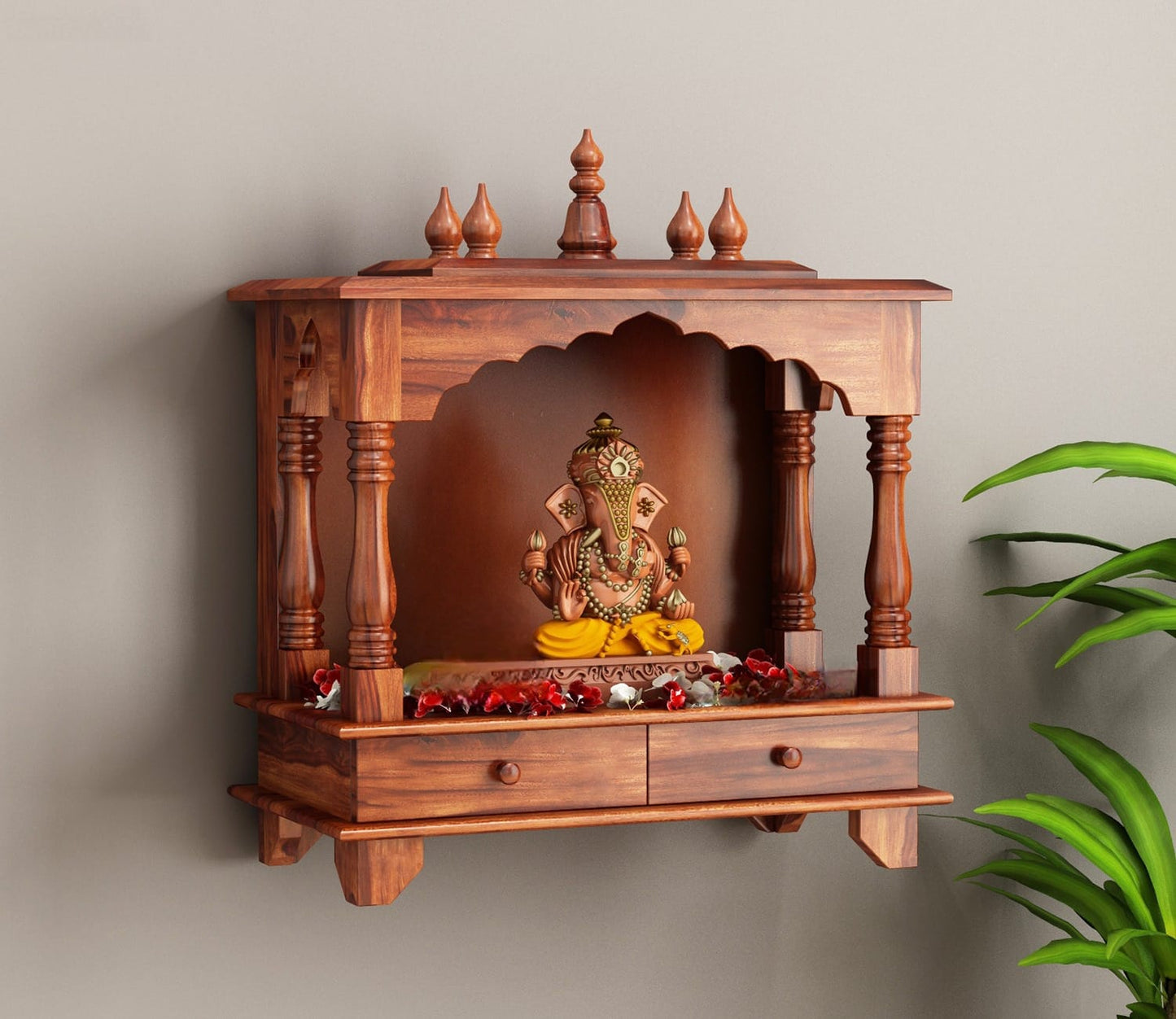 Udaipur Handicrafts Itiha Solid Wood Wall Mounted Pooja Mandir with Intricate Carvings (Honey Finish)