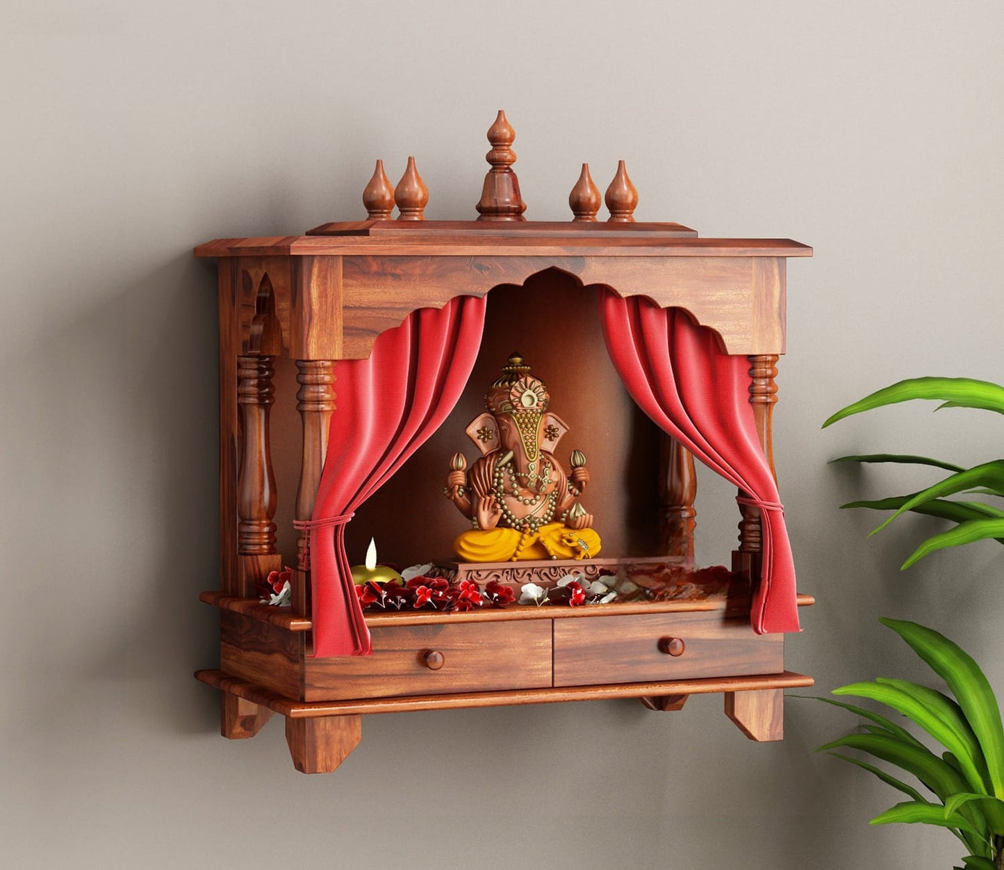 Udaipur Handicrafts Itiha Solid Wood Wall Mounted Pooja Mandir with Intricate Carvings (Honey Finish)