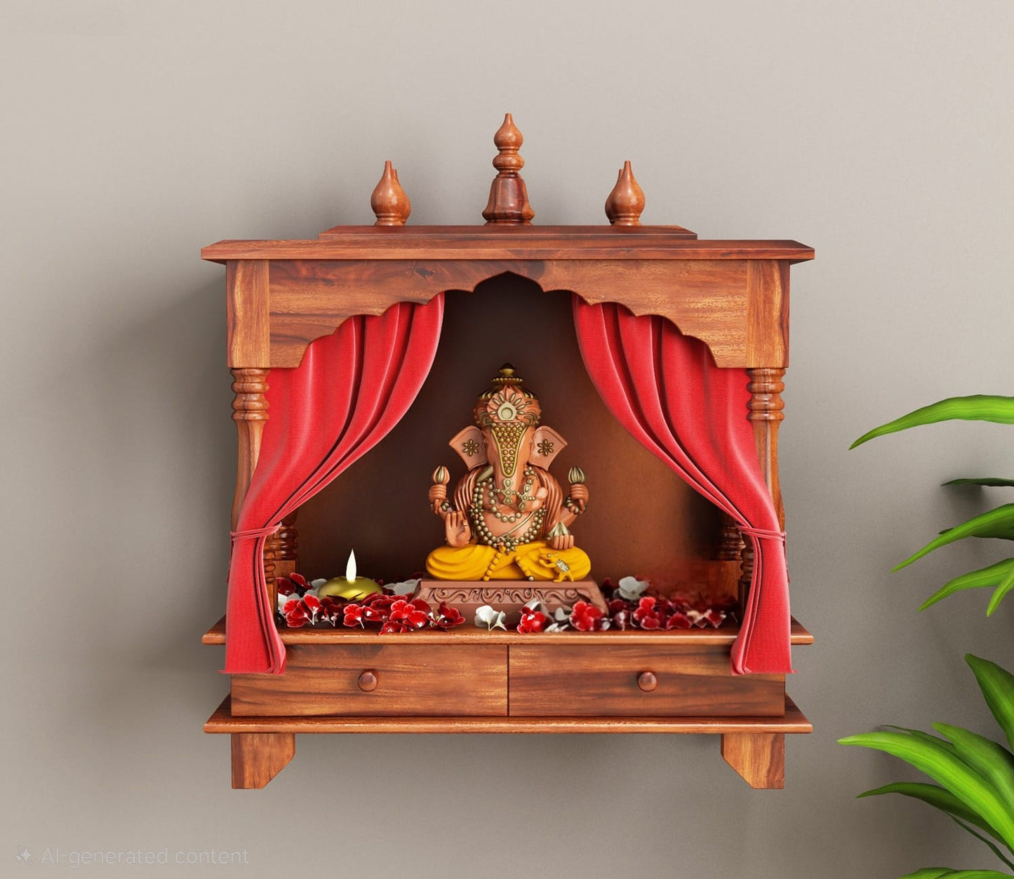 Udaipur Handicrafts Itiha Solid Wood Wall Mounted Pooja Mandir with Intricate Carvings (Honey Finish)