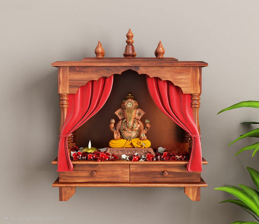 Udaipur Handicrafts Itiha Solid Wood Wall Mounted Pooja Mandir with Intricate Carvings (Honey Finish)