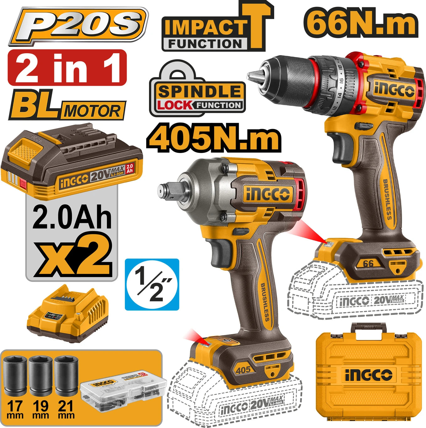 INGCO Cordless 2 pcs combo kit CKLI20286