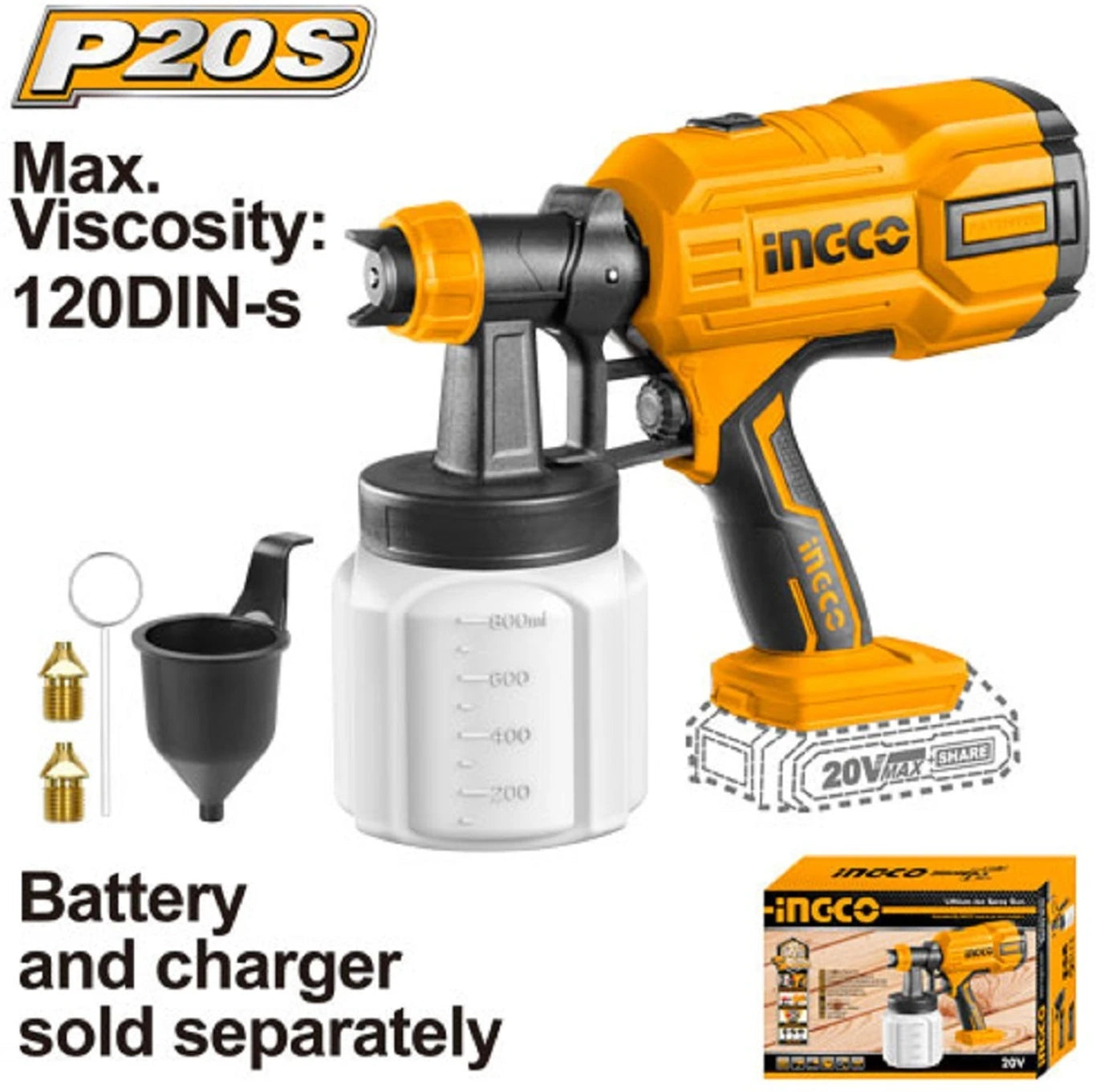 INGCO CSGLI2003 CORDLESS PAINT SPRAY GUN CSGLI2003 Lithium-Ion spray gun HVLP Sprayer (Yellow
