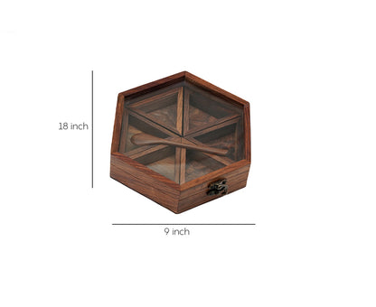 Udaipur Handicrafts Wooden Hand Crafted Spice Box With 6 Containers And Spoon