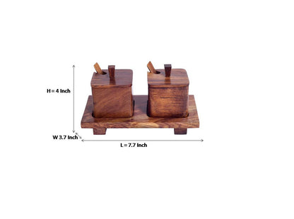 Udaipur Handicrafts Brown Set of 2 Hand carved Wooden Jars with Spoon and Tray