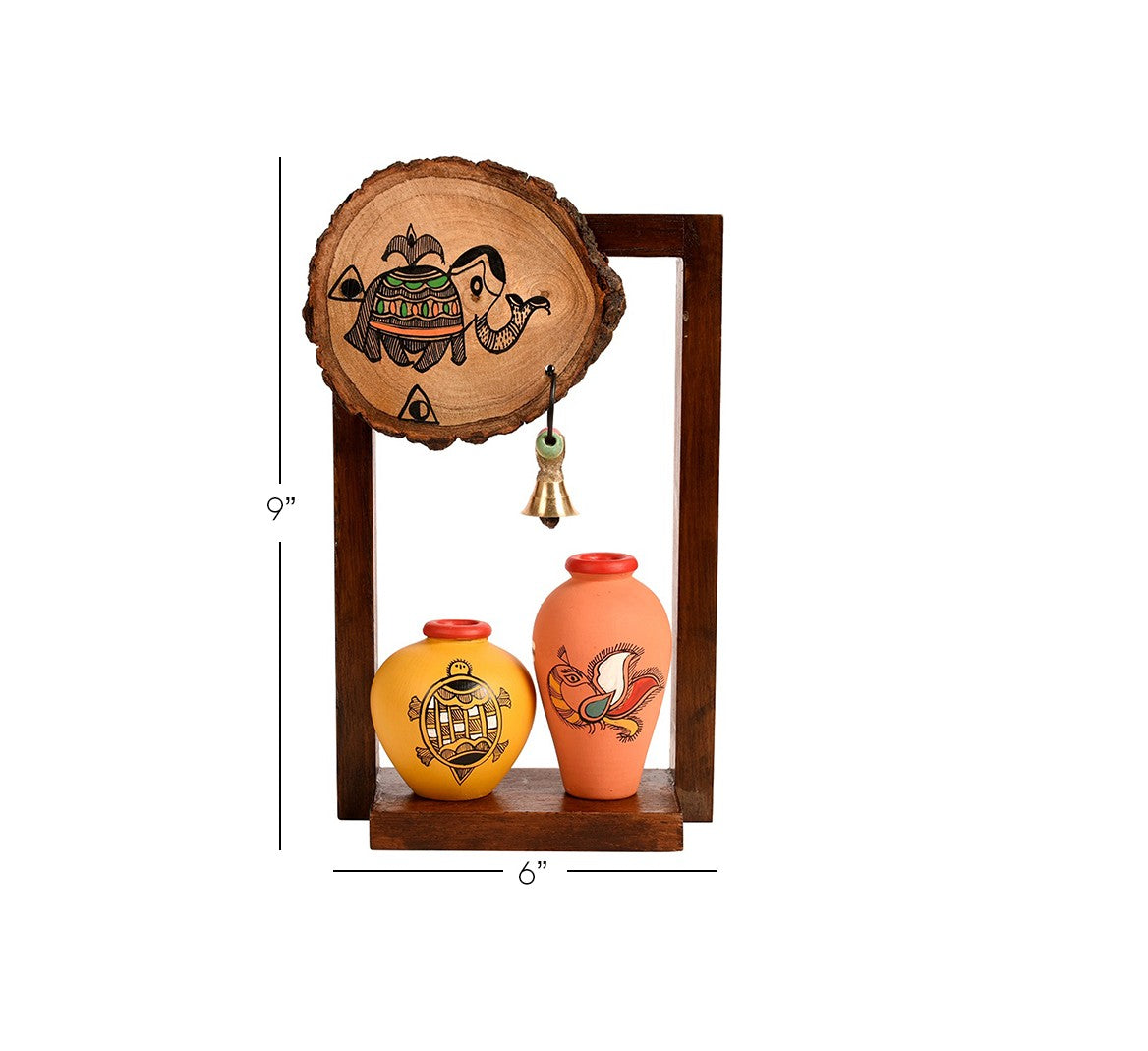 Udaipur Handicrafts Multicolor Wooden Shelf With Two Round Coaster Design Pots