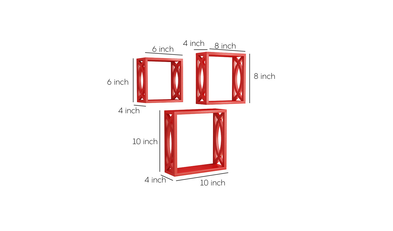 Udaipur Handicrafts Wood  Wall Mounted Cube Shelf Rack Set of 3 (Red)