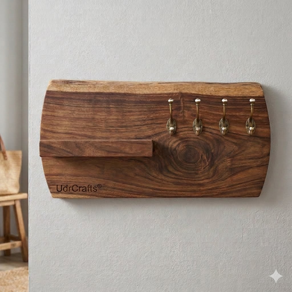 UdrCrafts® Decorative Wooden Key Stand for Wall Hanging | Premium Live-Edge Key Organizer Rack with Shelf for Wallet, Phone and Chabi | Wall Decor Hanger for Entrance