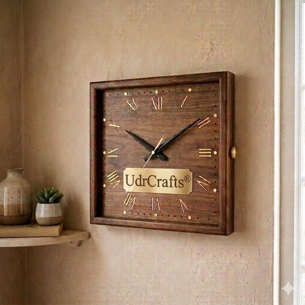 UdrCrafts® 16" Luxury Square Wooden Wall Clock | Handmade Antique Style Solid Wood Wall Watch for Living Room, Bedroom & Office Decor (Walnut Wood)