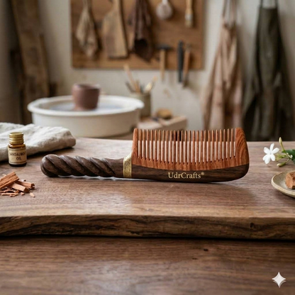 UdrCrafts® Designer Dual-Tone Wooden Comb – Wide Tooth Hair Detangling Comb with Twisted Handle, Anti-Hair Fall & Scalp Stimulation, Perfect for Gifting