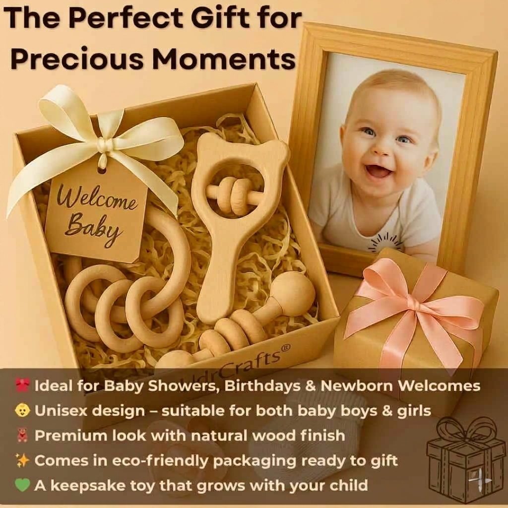 UdrCrafts® Wooden Rattle Set for Babies 0-6 Months, 6-12 Months | New Born Toys | Baby Shower Gifts | New Born Baby Essentials | Rattle Toys (Ring+Dumbbell+Micky Head)