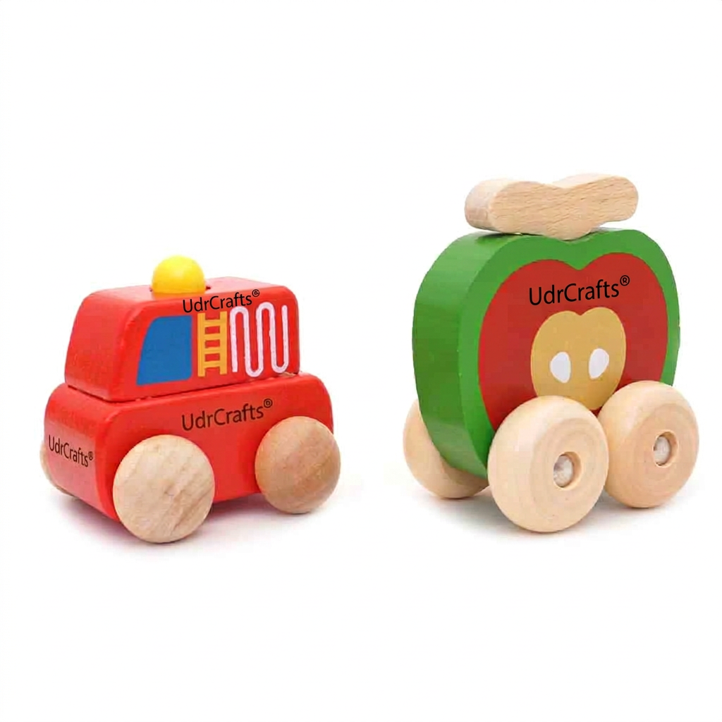 UdrCrafts® Montessori Wooden Mini Car Set Beech Wood Trolley & Grasping Toys for Kids Fun Fruits & Vehicles Design (Pack of 4)