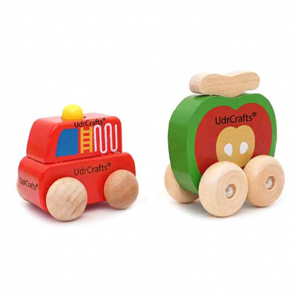 UdrCrafts® Montessori Wooden Mini Car Set Beech Wood Trolley & Grasping Toys for Kids Fun Fruits & Vehicles Design (Pack of 4)