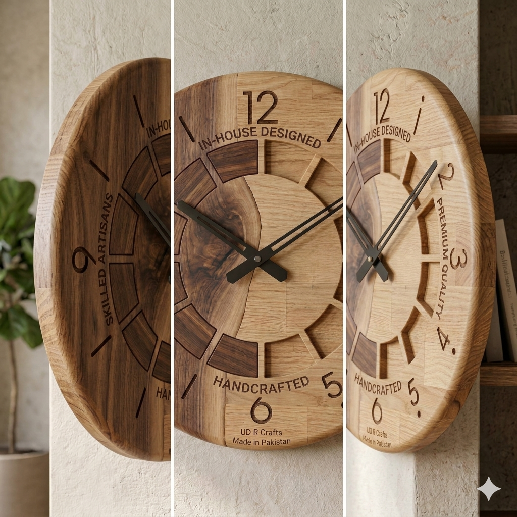 UdrCrafts® Modern Dual-Tone Wooden Wall Clock – 12 Inch Geometric Handcrafted Solid Wood Round Clock for Living Room, Bed Room & Executive Office Wall Decor (Silent Non-Ticking Movement, 30cm)
