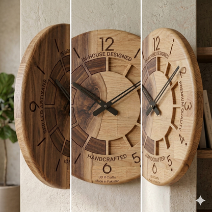 UdrCrafts® Modern Dual-Tone Wooden Wall Clock – 12 Inch Geometric Handcrafted Solid Wood Round Clock for Living Room, Bed Room & Executive Office Wall Decor (Silent Non-Ticking Movement, 30cm)