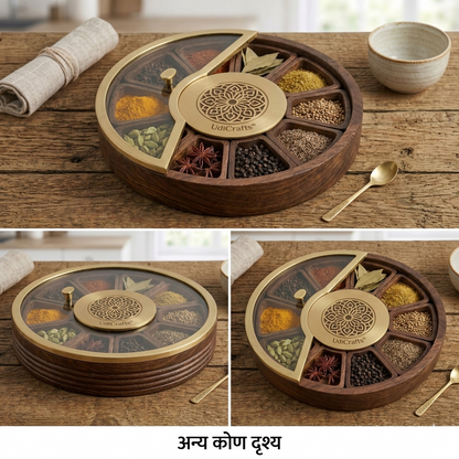 UdrCrafts® Handcrafted Wooden Masala Box | 11-Inch Round Spice Organizer with Smart Sliding Glass Top and Removable Wooden Bowls