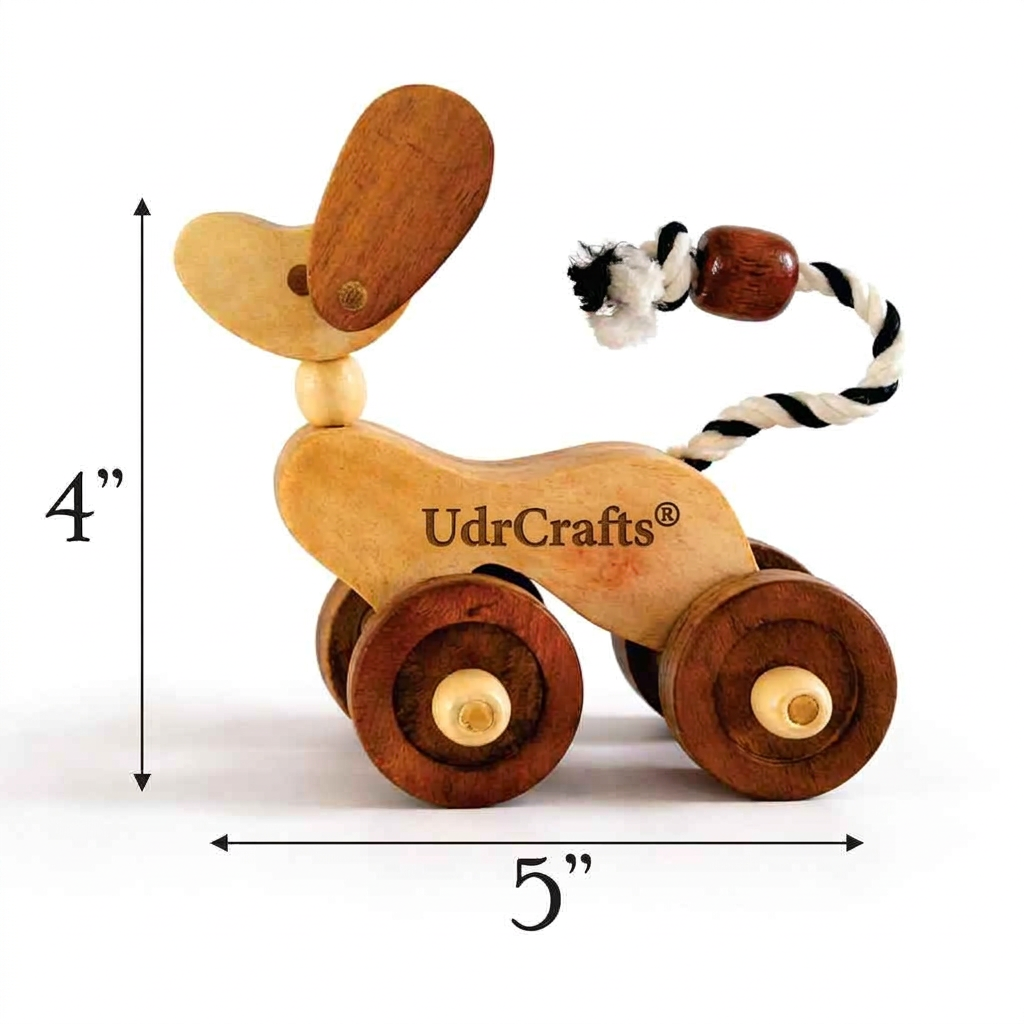 UdrCrafts® Wooden Dog Pull-Along Toy for Toddlers | Natural Solid Wood | Cotton Pull String | No Metal | Eco-Friendly & Plastic-Free | Smooth Rolling Wheels | Nursery Decor Toy (1.5–4 Years)