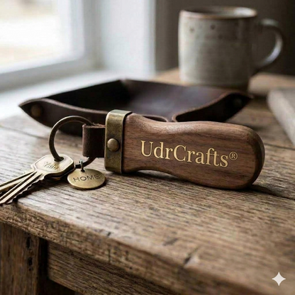 UdrCrafts® Premium Handcrafted Wooden Keychain - Ergo Walnut Wood Key Ring with Antique Metal Hardware for Car and Home Keys